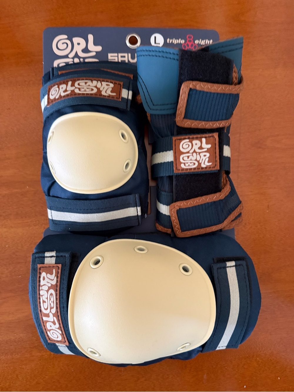 GRL Swirl Retro Skateboard Navy Blue Knee and Elbow Pad Set with Cream Shells